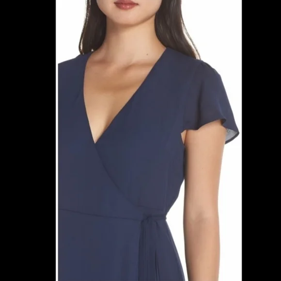 Show Me Your MuMu Noelle Wrap Maxi Dress Navy Flutter Sleeve V-Neck Small - Picture 8 of 10